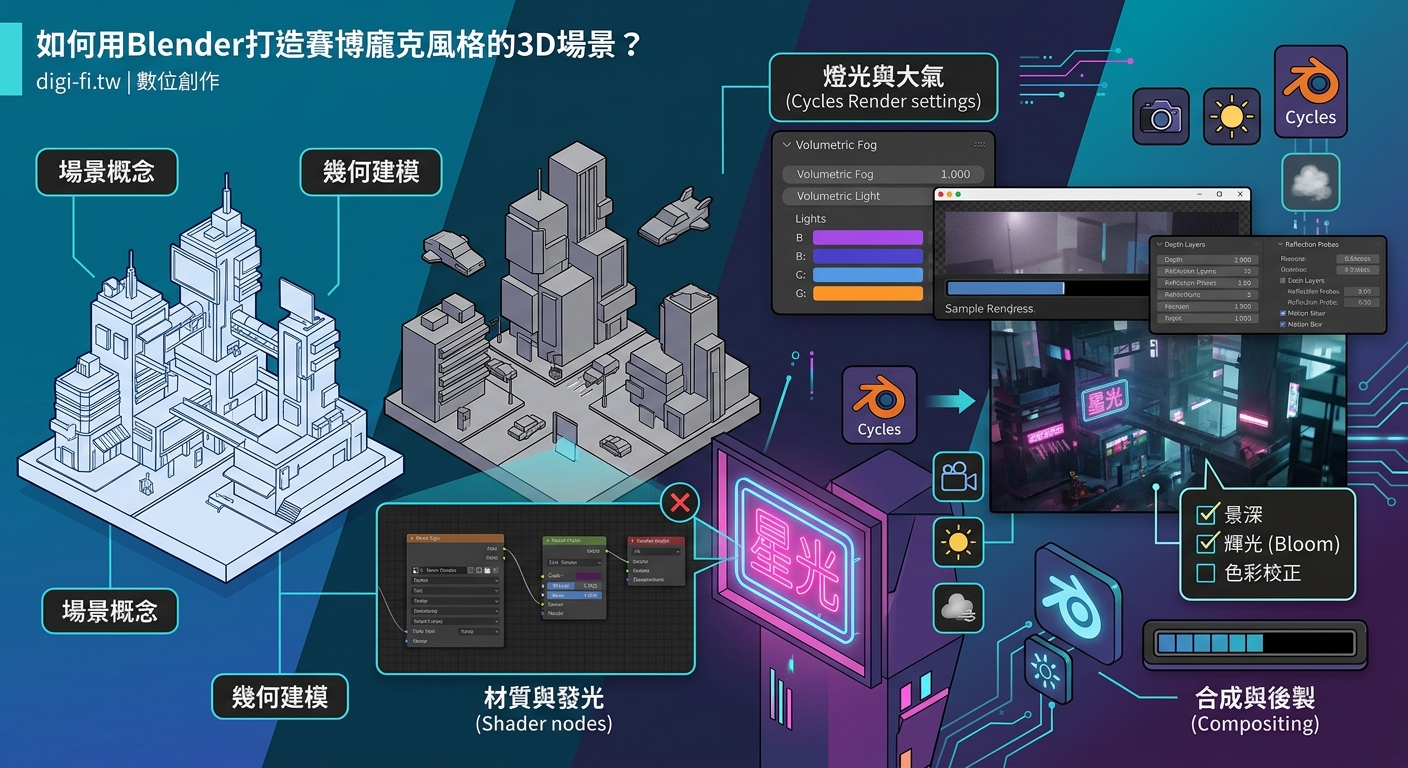 如何用Blender打造賽博龐克風格的3D場景？ - Illustration 1